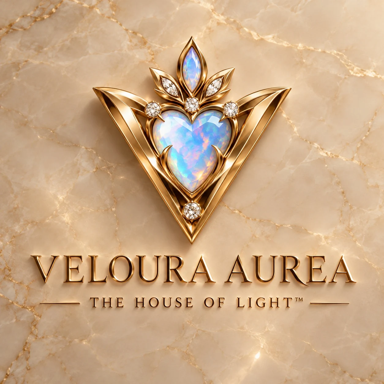 VELOURA AUREA golden opal heart emblem and wordmark